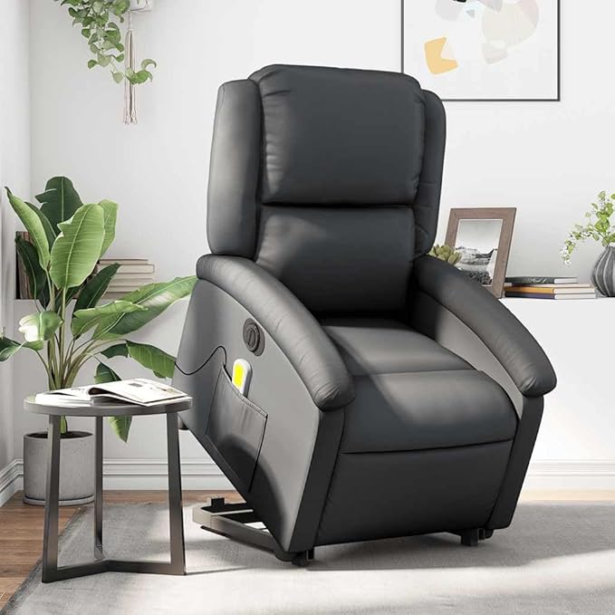 vidaXL Electric Massage Recliner Chair - Black Real Leather Power Lift Assist Vibrating Massage Recliner with Side Pocket Ideal for Living Room or Lounge
