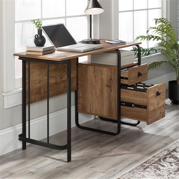 Pemberly Row Contemporary Engineered Wood and Metal Desk 47 in Wide Etched Oak Finish Powder-Coated Metal Frame Spacious Workspace Storage Drawers Home Office Computer Desk