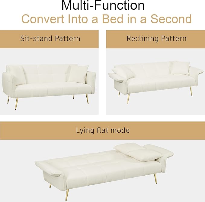 Convertible Sofa Bed Futon Couch Bed with Adjustable Arms and Backrest Modern Love Sofa with Gold Metal Legs for Living Room Bedroom (Teddy Fabric in Beige 70.1 Wx31.1 Dx31.5 H)