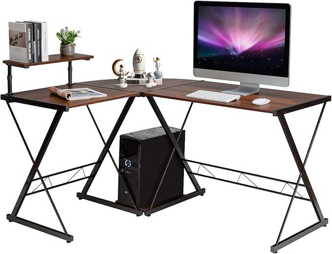 POWERSTONE L Shaped 58 Work from Home Computer Desk Rustic Writing Office Workstation Corner Curved Gaming Table with Monitor Stand and Storage Shelve