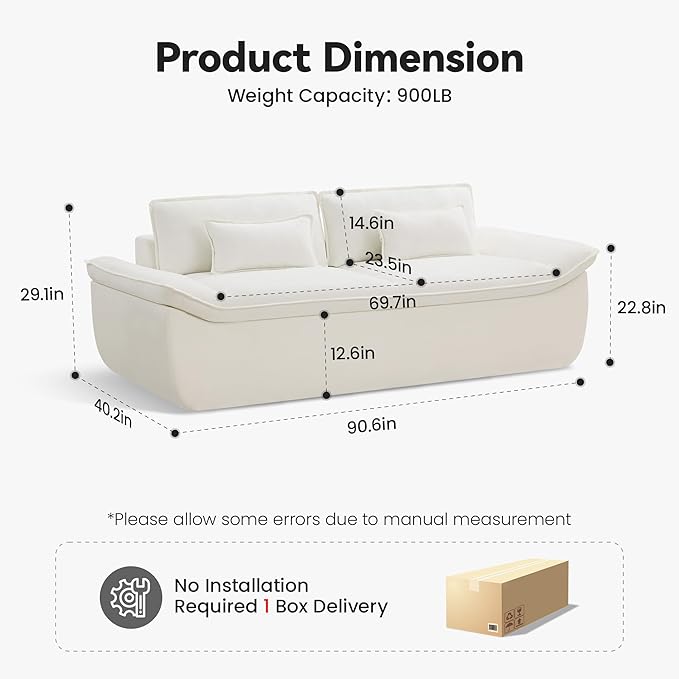 89 Cloud Boneless Loveseat Sofa Couch Deep Seat Love Seat Sofa with Lumbar Pillow 2-Seater Compressed Couches for Living Room Chenille White
