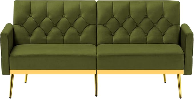 Velvet Sofa Bed w/Adjustable Armrests and Backrests Modern Convertible Sleeper Sofa Tufted Futon Sofa for Bedroom Living Room Apartment Olive Green