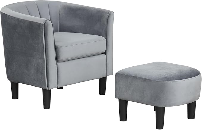 Giantex Modern Accent Chair with Ottoman Upholstered Teddy Velvet Barrel Club Chair w/Footrest Curved Backrest &amp Armrests Non-Slip Felt Pads Comfy Accent Arm Chair for Living Room Bedroom Gr