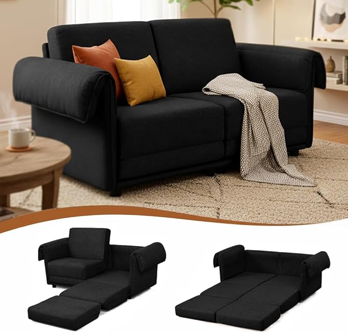 Convertible Sleeper Sofa Bed Pull Out Couch with High-Density Foam Modern Upholstered Loveseat Futon 2-in-1 Full Size Bed for Living Room Apartment Small Space (Black) | Foldable Convertible Bed