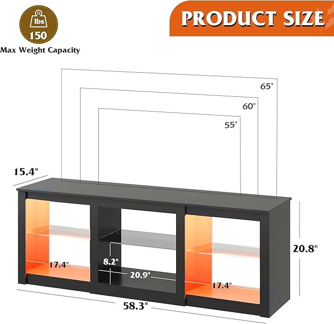 WLIVE Modern LED TV Stand for 65 70 Inch TV 58 Entertainment Center with Adjustable Glass Shelves &amp RGB Lights Wood Media Console Table for Living Room Bedroom Gaming Room Black