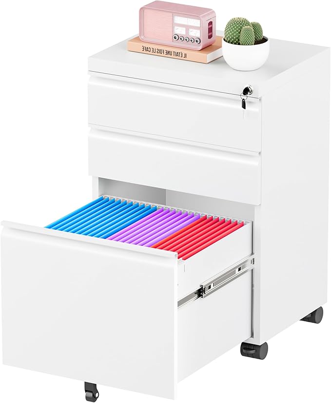 Greenvelly 3 Drawer Mobile File Cabinet with Lock Fully Assembled Rolling File Cabinet Except Casters Under Desk File Cabinet with Wheels for Home Office Fit Legal/Letter/A4 File (Assembled White)