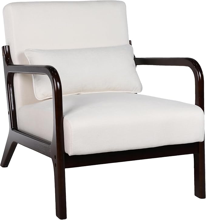 Mid Century Modern Accent ChairComfy Fabric Reading Chair with Retro Solid Wood Frame &amp High Back Upholstered Lounge Arm Side Chair for Living Room Bedroom Balcony (Beige)