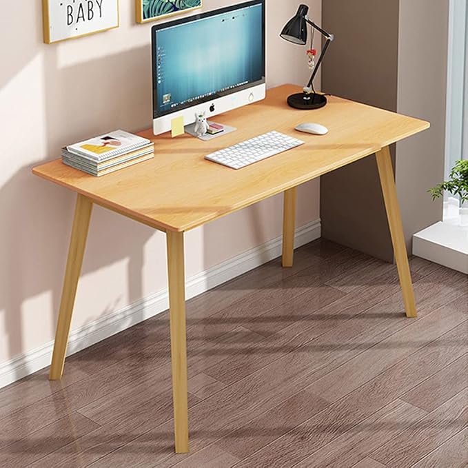 IOTXY Simple Wooden Writing Desk - Modern Minimalist Style PC Laptop Computer Workbench with Solid Wood Legs 55 W Home Office Work Table for TV Stand Music Video Live Broadcast Workstation Walnut