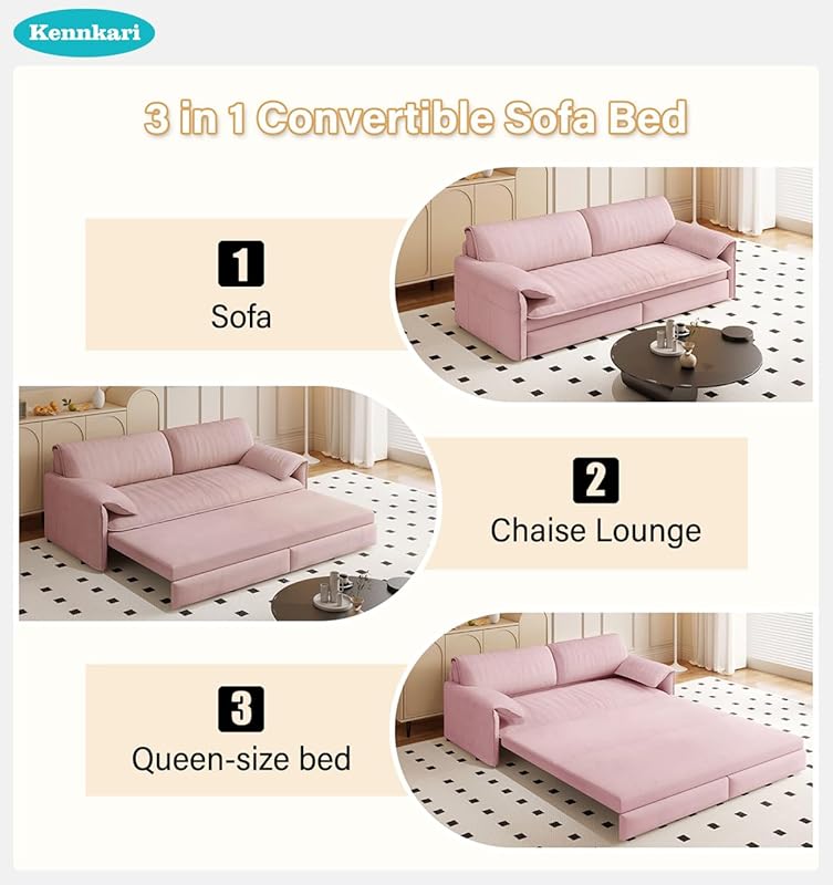66 Queen Size 3-in-1 Convertible Pull Out Sofa Bed with Side Storage for Small Spaces Multi-Functional Velvet Sleeper Sofa with Wheels for Living Room and Bedroom (Pink)