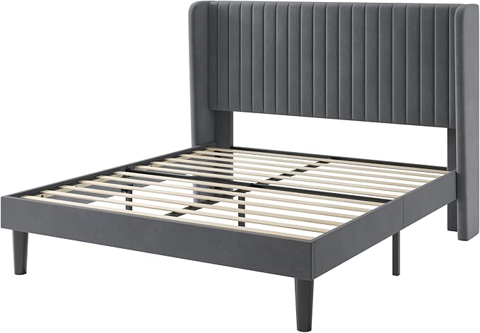 SHA CERLIN Queen Size Velvet Bed Frame with Vertical Channel Tufted Wingback Headboard Upholstered Platform Bed with Wood Slats No Box Spring Needed Easy Assembly Grey