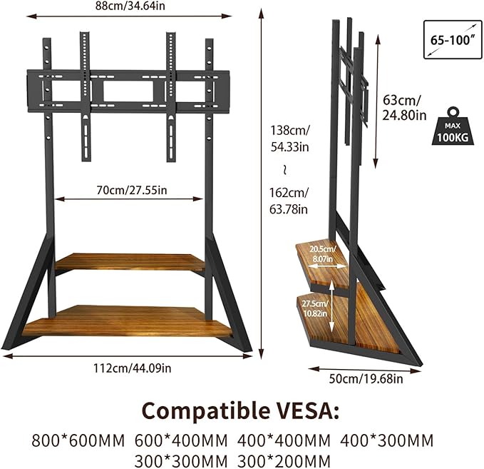 Floor TV Stand for 65-100 Inch TVsAdjustable Heights TV Mount Stands with Large Wood Shelf and WheelsModern Living Room Rolling TV Stand Up to 220 lbsVESA 800x600mmWalnut(VC-Z1188)