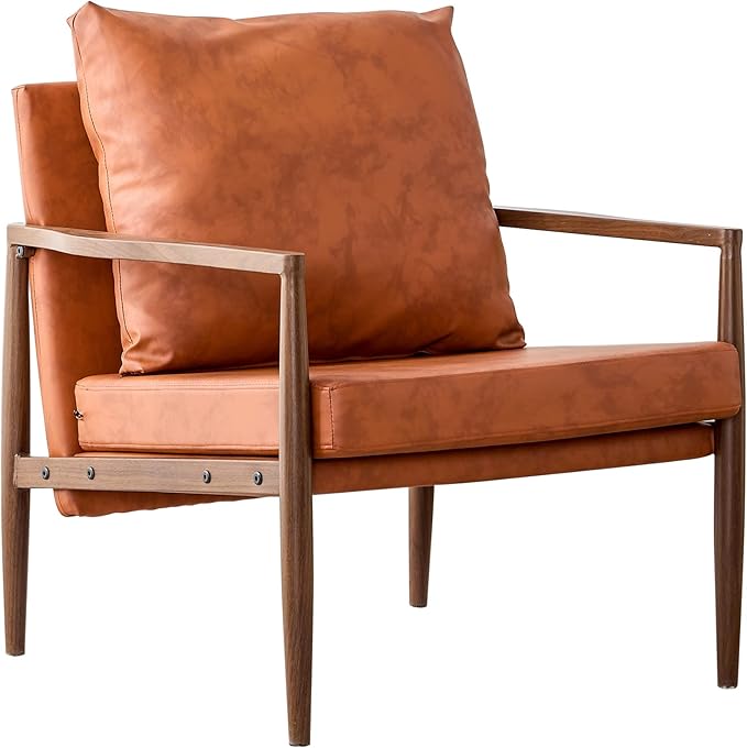 PU Leather Accent Arm Chair Mid Century Modern Upholstered Armchair with Imitation Solid Wood Walnut Color Metal Frame Extra Thick Padded Backrest and Seat Cushion Sofa Chairs for Living Room