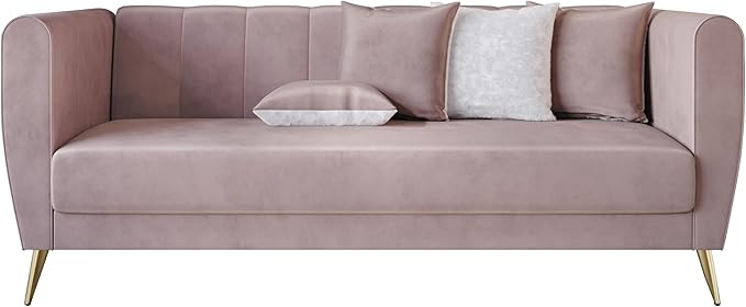 HOME DESIGN Scarlett Glam Velvet Flared Arm 3-Seater Sofa with Channel Tufting 4 Throw Pillows Gold Metal Legs Pink