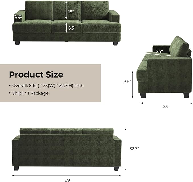 89 Inch Sofa with Extra Deep Seats Oversize3 Seater Sofa for Living Room Modern Couch and Sofa Comfy Armrests and Seats and Backrests Easy InstallationChenille Fabric Green