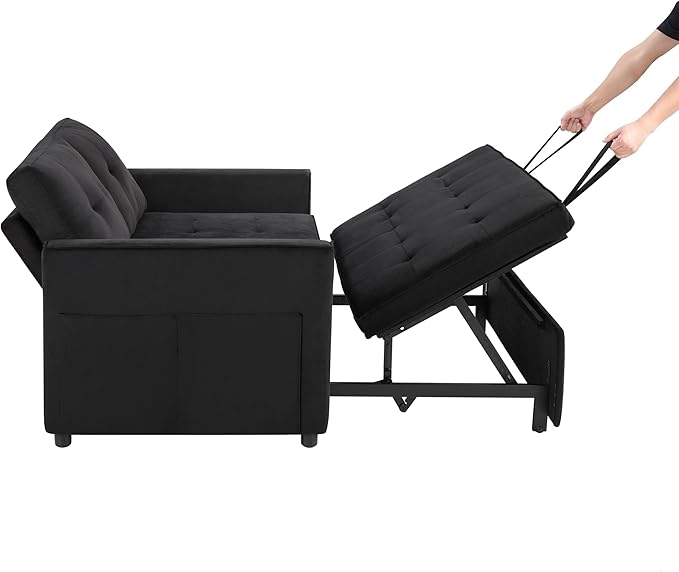Sofa Bed Pull Out Couch with Side Pockets 3 in 1 Velvet Fabric Loveseat Sleeper Sofa Bed Pull Out Couch with Adjustable Backrest for Living Room Bedroom Apartment Black 53 Inch