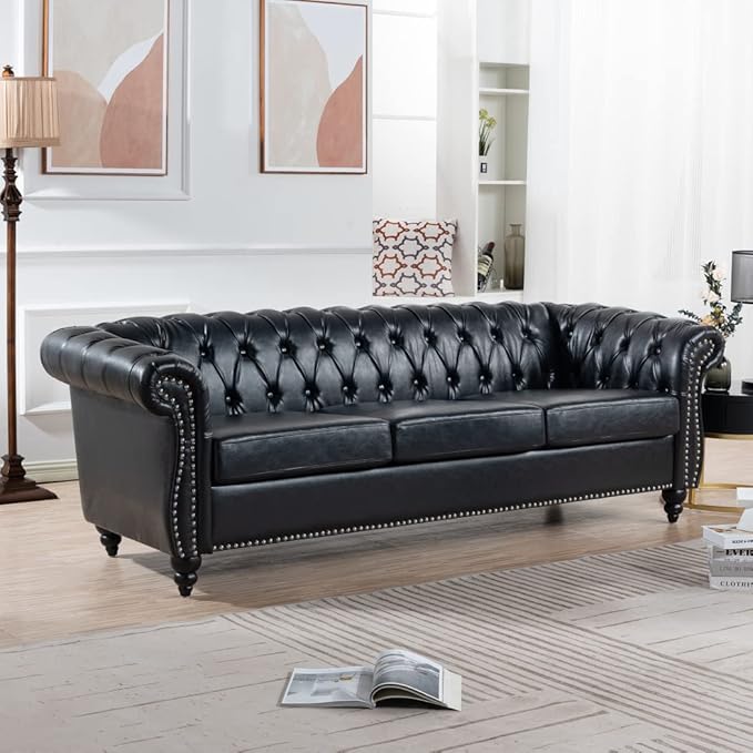 84 Chesterfield Couch PU Leather Modern Rolled Arm Tufted Back 3 Seater Sofa Upholstery Nailhead Trim Couches for Living Room Office (Black)