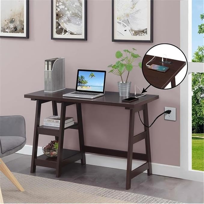 Pemberly Row Trestle Desk Espresso Wood Finish 47 in x 20 in x 29.25 in Charging Station with USB Ports 2 Fixed Shelves Contemporary Style Home Office Desk for Work or Study