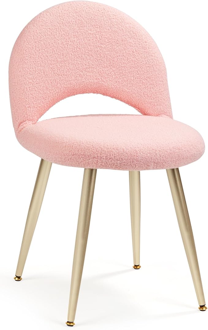 Vanity Chair with Adjustable Backrest Boucle Upholstery Armless Makeup Stool Gray Sherpa Vanity Stool with Gold Metal Legs for Bedroom Living Room Kitchen Dinning Room (Pink)