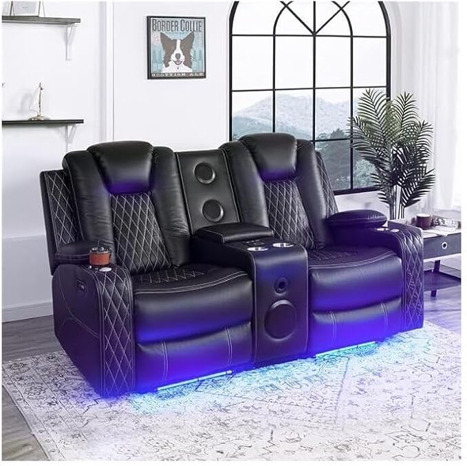 Chicago Home Theater Recliner Chair – Bluetooth Speakers Wireless Charging Power Recline Adjustable Headrest LED Lighting Cup Holders &amp Premium Faux Leather for Ultimate Comfort