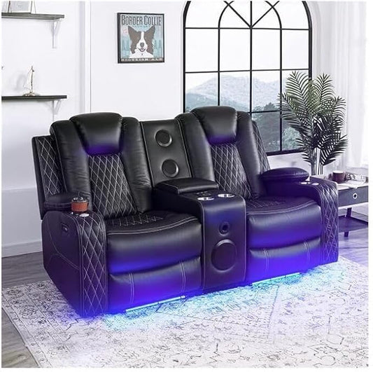 Chicago Home Theater Recliner Chair – Bluetooth Speakers Wireless Charging Power Recline Adjustable Headrest LED Lighting Cup Holders &amp Premium Faux Leather for Ultimate Comfort