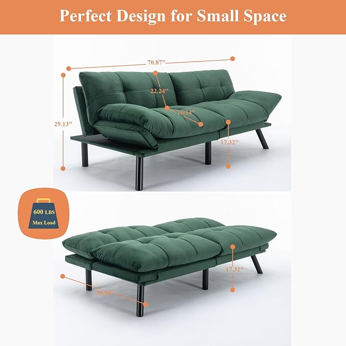 Anwick Futon Sofa Bed Velvet Convertible Futon Sleeper Couch 71 Sleeper Sofa Bed with Adjustable Backrest Modern Loveseat Couch for Compact Living Room Apartment Office (Green)