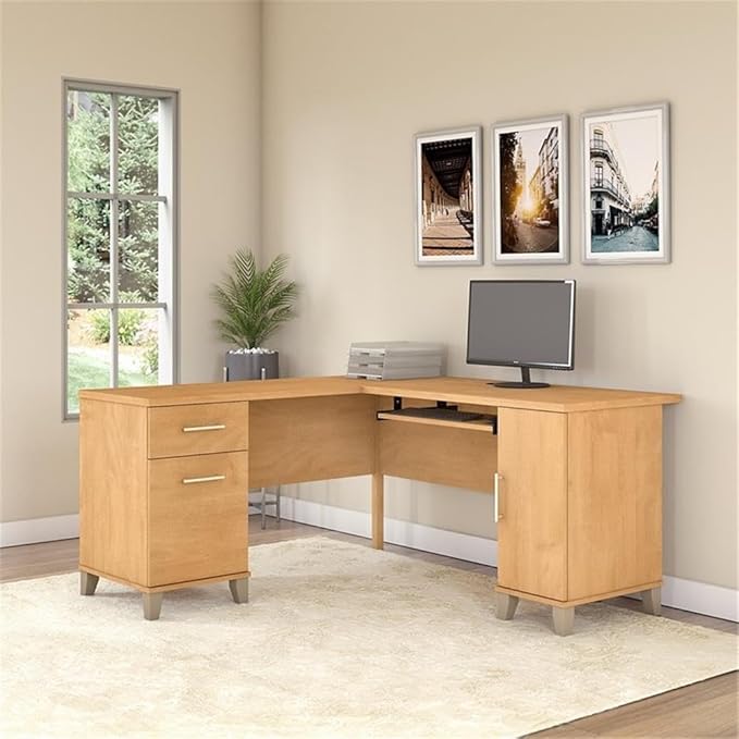 Bush Furniture 60-inch L Shaped Desk with Storage Spacious Corner Computer Table for Home Office Somerset Collection Maple Cross