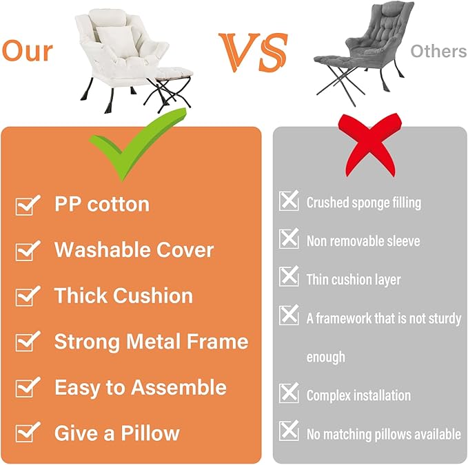 Lazy Chair with Ottoman Large Accent Chair with Ottoman and a Throw Pillow Beige Reading Chair for Living Room Bedroom Dorm Room Office Apartment Relaxing Use