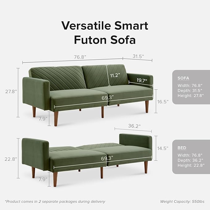 mopio 76.4 Futon Sofa Bed Couch Loveseat Sleeper Sofa Mid Century Modern Futon Couch Sofa Cama Couches for Living Room (Olive Green Premium Velvet)