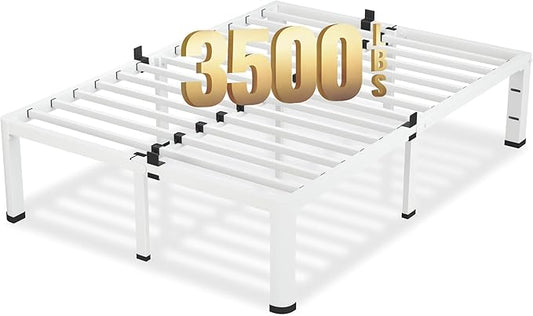 18 Inch King Size White Bed Frame 3500Lbs Heavy Duty Metal Platform with Round Corner Legs Mattress Slide Stopper Steel Slat Support No Box Spring Needed Noise Free Non-Slip Easy Assembly