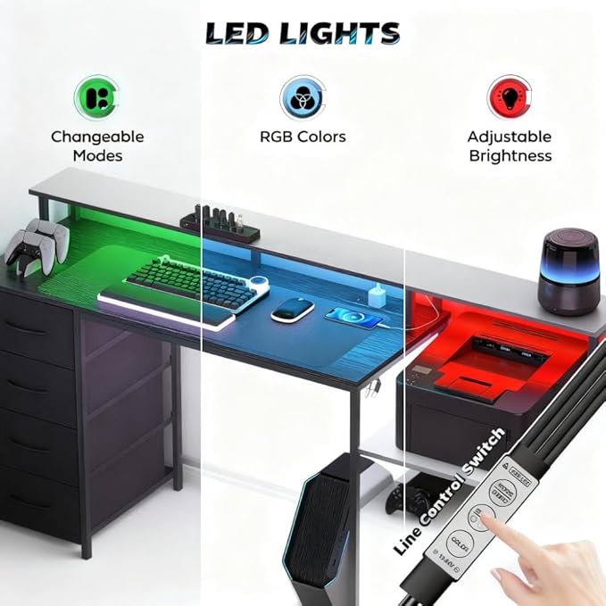 66.9'' Gaming Desk with 4 Fabric Drawers &amp File Cabinet Modern Computer Desk with Power Outlets and LED Lights Home Office Desk PC Desks for Home Office Study (Black)