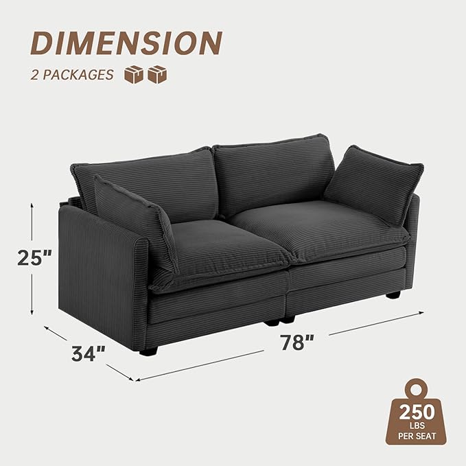 ROWHY 78'' Sectional 2 Seat Cloud Loveseat with 2 Throw Pillows Modern Corduroy Love Seat Convertible Cozy Sofa for Living Room Bedroom and Office Dark Grey
