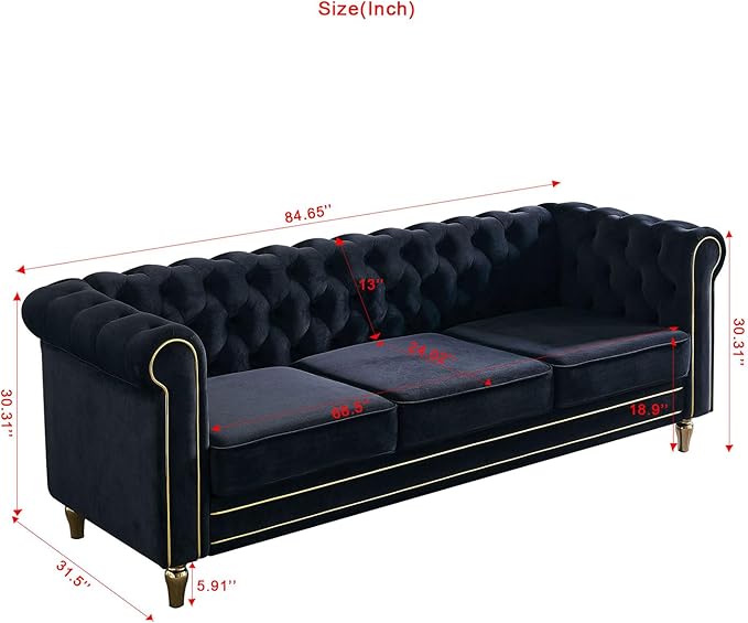KEVINSPACE 84.64 Velvet Sofa Couch Upholstered Button Tufted 3-Seater Sofa with Curved Armrest Modern Chesterfield Curved Sofa for Livingroom Bedroom Furniture ApartmentBlack