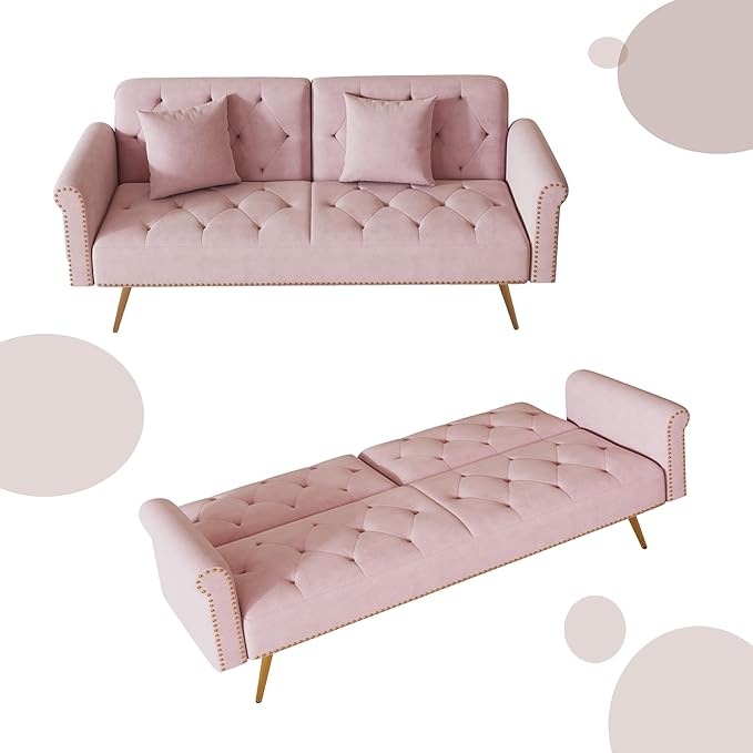 Modern Velvet 2 in 1 Futon Sofa BedConvertible Folding Sleeper Bed Couches with 2 Pillows63 Tufted Recliner Love Seat with Golden Chrome Legs for Living Room Apartment Office (Pink-New)
