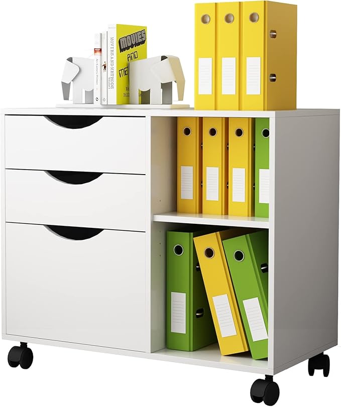 QDSSDECO 3-Drawer with Shelf Wood File Cabinet Mobile Lateral Filing Cabinet with Rolling Wheel Printer Stand and Open Adjustable Storage Shelves for Home Office White