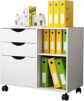 QDSSDECO 3-Drawer with Shelf Wood File Cabinet Mobile Lateral Filing Cabinet with Rolling Wheel Printer Stand and Open Adjustable Storage Shelves for Home Office White