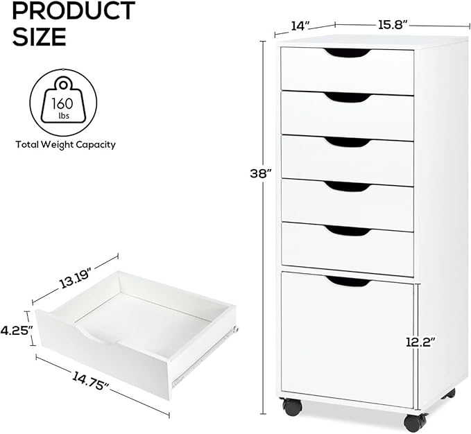 Mobile File Cabinet 5-Drawer Organizer with Bottom Cabinet Storage Tall Chest of Drawers with Caster Wheels for Home Office(White)