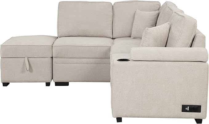 Merax Sofa Bed Sleeper Couch L Shaped Sofa with Storage Ottoman and Cup Holder L-Shape Sectional Couch with Comfortable backrest and Charging Function for Living Room and Small Apartment (Beige)