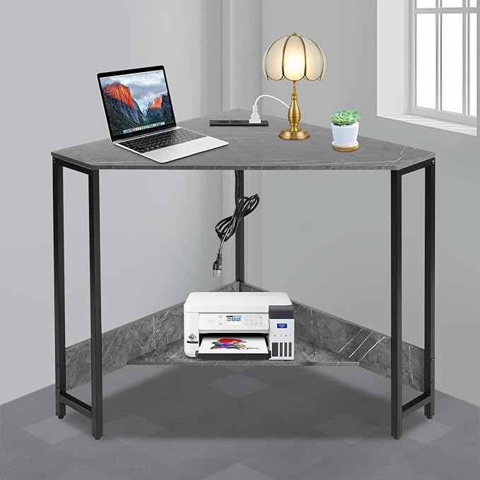 Small Corner Desk with Outlet Corner Table for Small Space Industrial Computer Desk w/USB Ports Triangle Desk for Home Office Workstation Living Room Bedroom (Grey)