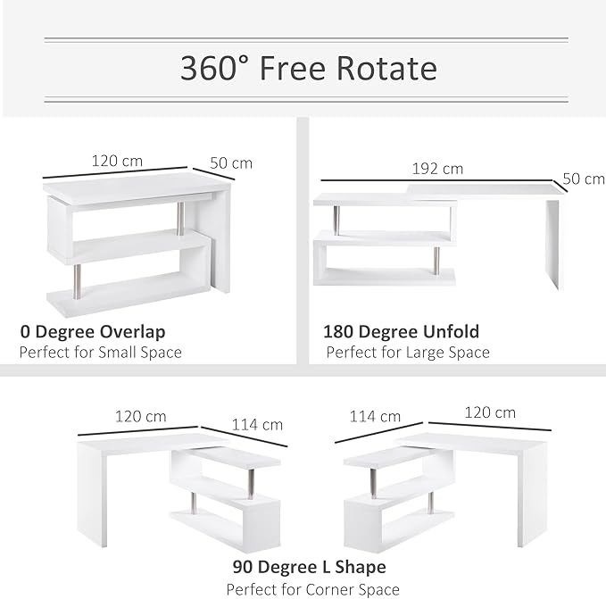 360 Degree Rotating Corner Computer Desk L Shaped Desk Home Office Workstation with 3 Tier Storage Shelves White