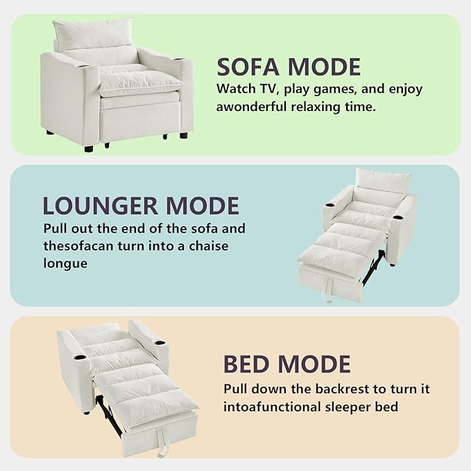 3 in1 Convertible Sleeper Sofa Chair Modern Pull Out Couch Bed Single Chair Bed with Adjustable Back Velvet Folding Compact Recliner for Living Room Bedroom Apartment Small Spaces﻿(Beige)