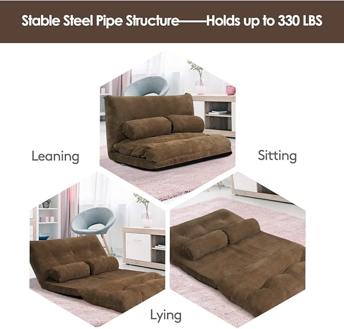 Giantex Adjustable Floor Sofa Couch with 2 Pillows Multi-Functional 6-Position Foldable Lazy Sofa Sleeper Bed Multi-Functional Suede Floor Seating Sofa for Reading Gaming (Coffee)