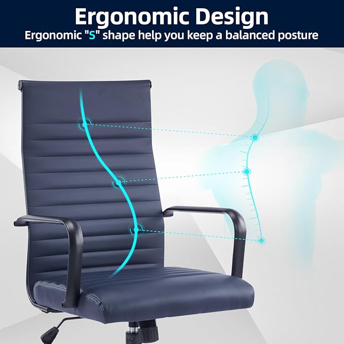 Office Chair Ergonomic Executive Conference Room Chairs Ribbed Leather Desk Chair with Lumbar Support Adjustable Height Mid-Back Swivel Chair with Padded Seat