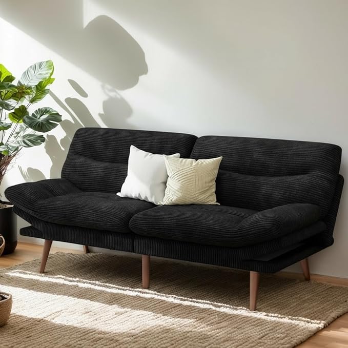 PERLECARE Convertible Futon Sofa Bed 66 Corduroy Futon Couch with Adjustable Backrest and Armrests 3-in-1Recliner Sleeper Sofa for Small Spaces Play RoomLiving Room or Office（66 inBlack） | Adjus