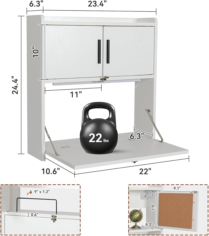 ARTETHYS Wall Mounted Desk with LED Light Multifunctional Fold Down Laptop Computer Table Writing Workstation with Storage Compartments Space Saving for Home Office
