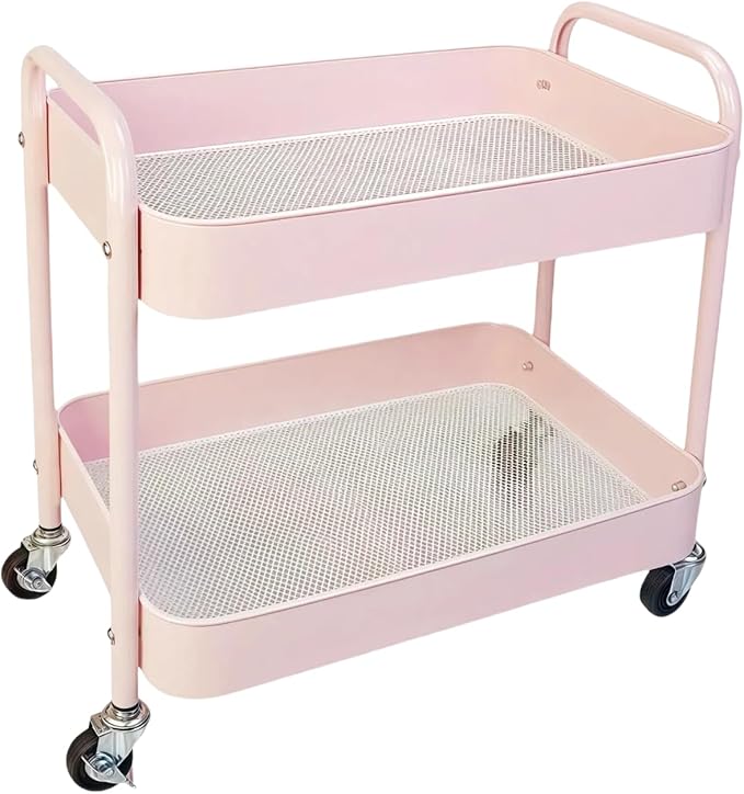2 Tier Pink Rolling Cart with Wheels for Under Desk Storage Large Capacity Rolling Pantry &amp Kitchen Storage Cart for Small Space Sturdy Metal Bathroom Shelf Laundry Room Organization