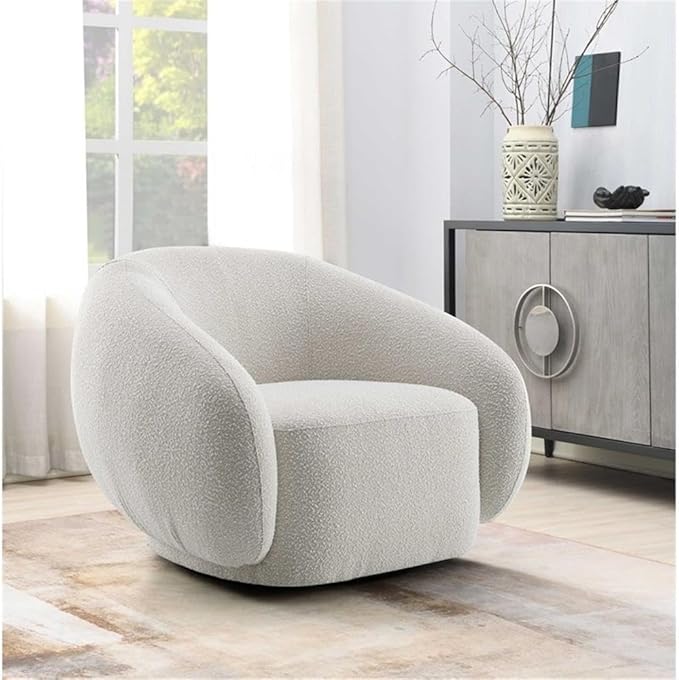 BOWERY HILL Contemporary Swivel Accent Chair 42 W x 40 D x 30 H Boucle Fabric Upholstered in Beige Plush Foam Cushion Modern Style 360-Degree Rotation Living Room or Reading Nook Seating