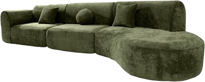 140 Modern Curved Sectional Sofa with High-Density Fully Compressed Sponge and Chaise Lounge 3-Piece Set Fully Assembled Right Hand Facing Perfect for Living Room Lounge (Green)