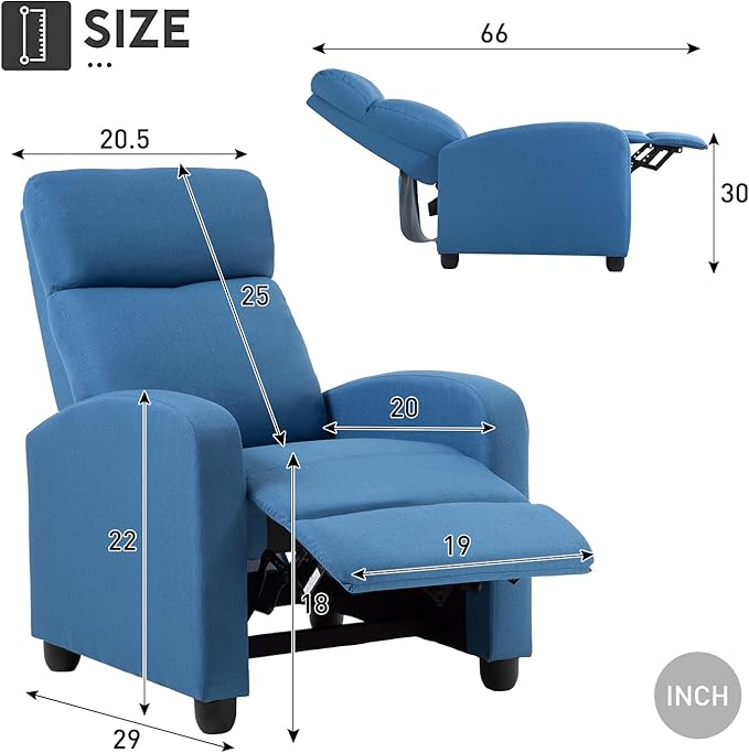 PayLessHere Recliner Chair Single Reclining Sofa Home Theater Seating with Lumbar Support and Padded Backrest for Living Room and Bedroom (Fabric Blue)