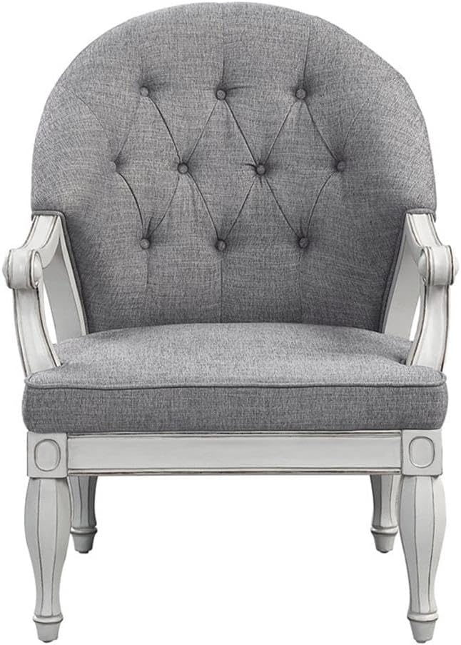 Pemberly Row Button Tufted Fabric &amp Wood Accent Chair Gray/Antique White Finish 41 H x 31 W x 32 D Foam Cushion Wooden Legs Transitional Style for Living Room or Family Room Seating