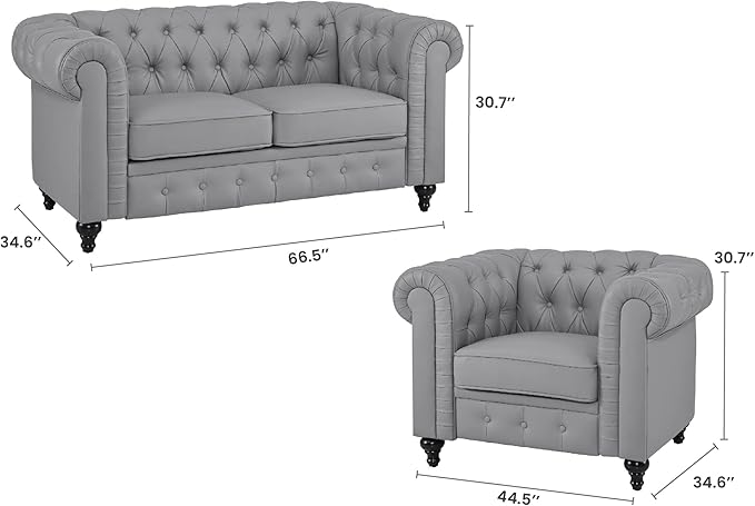 Naomi Home Emery Chesterfield Love Seat Loveseat Sofa &amp Accent Chair with Rolled Arms Tufted Cushions Solid Wooden Legs Deep Seating Comfy Bedroom Living Room Reading Chair/Tool-Free Assembly – G